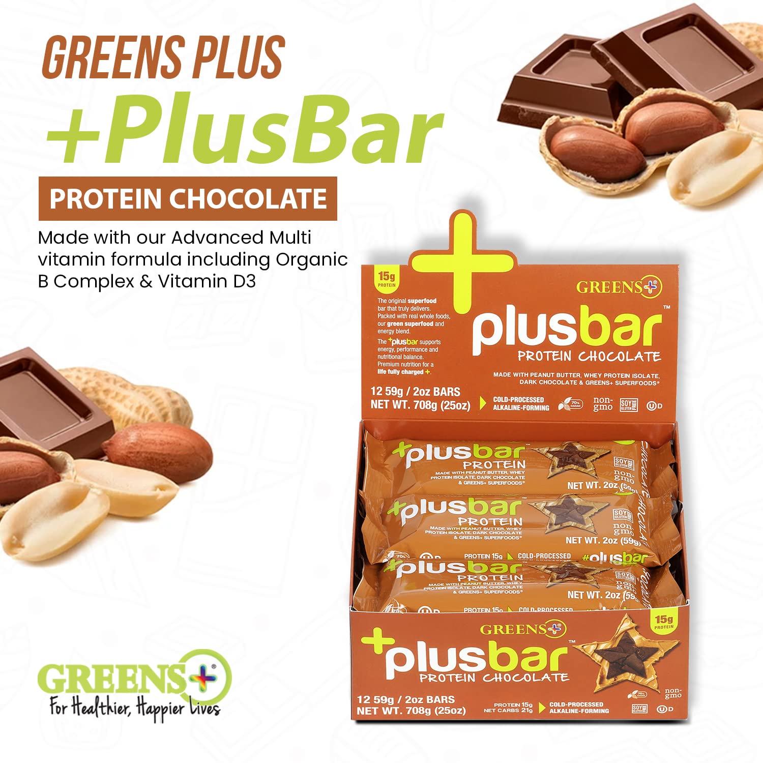 Organic Super Greens Dark Chocolate Protein Bars with Whey Isolate - Gluten Free & Vegan Meal Replacement Snacks (12 Bars)