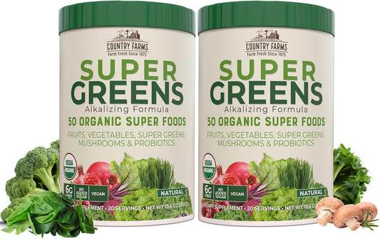 Organic Super Greens Drink Mix with 50 Super Foods, Mushrooms, Probiotics, Energy Support - 40 Servings, 10.6 Oz, 2 Pack