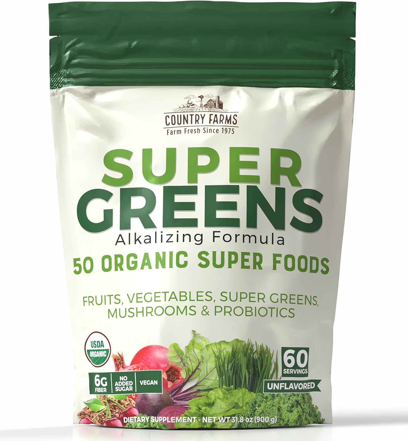 Organic Super Greens Drink Mix with Fiber & Probiotics, 50 Superfoods, Natural Flavor, Supports Energy - 60 Servings 900g