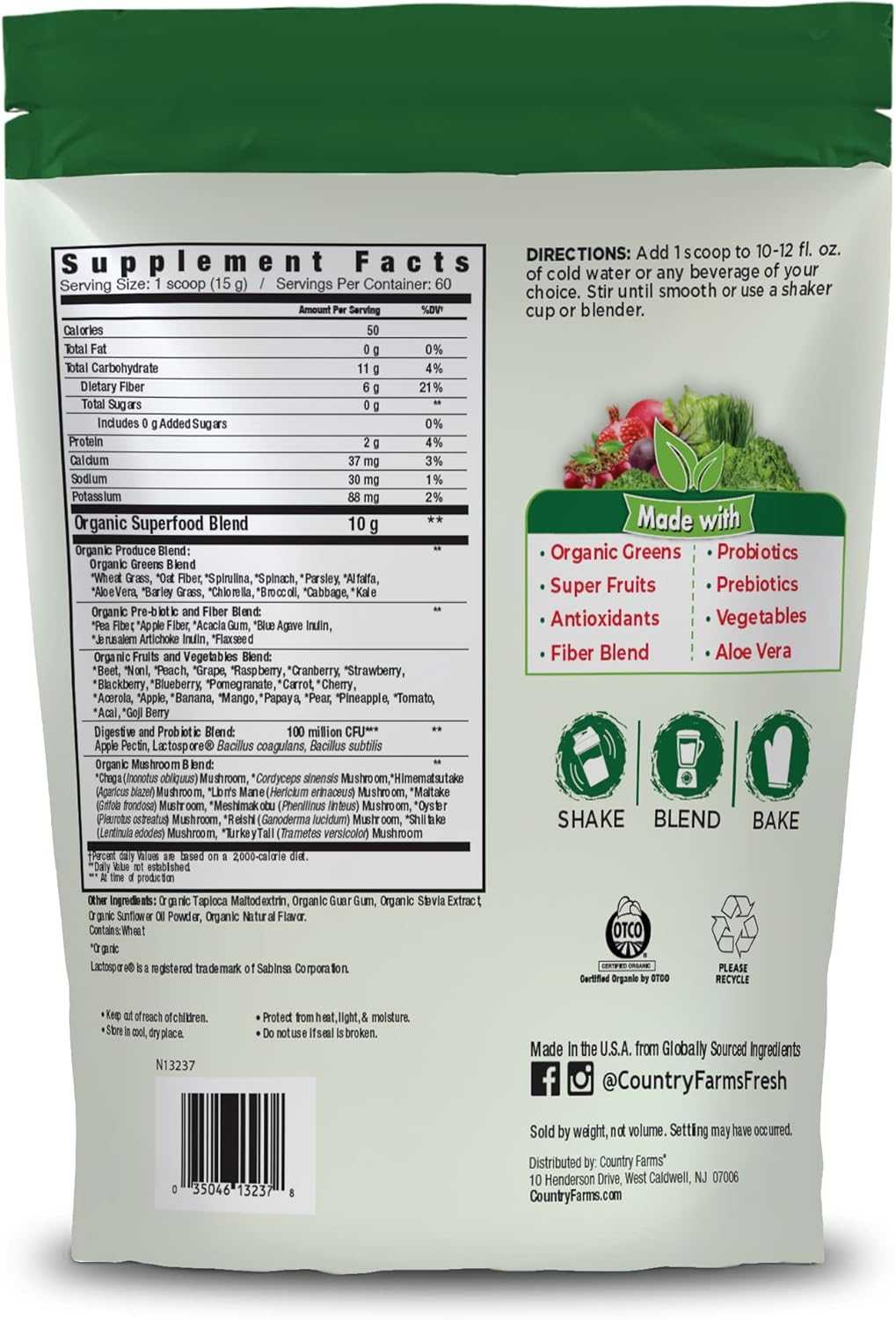 Organic Super Greens Drink Mix with Fiber & Probiotics, 50 Superfoods, Natural Flavor, Supports Energy - 60 Servings 900g