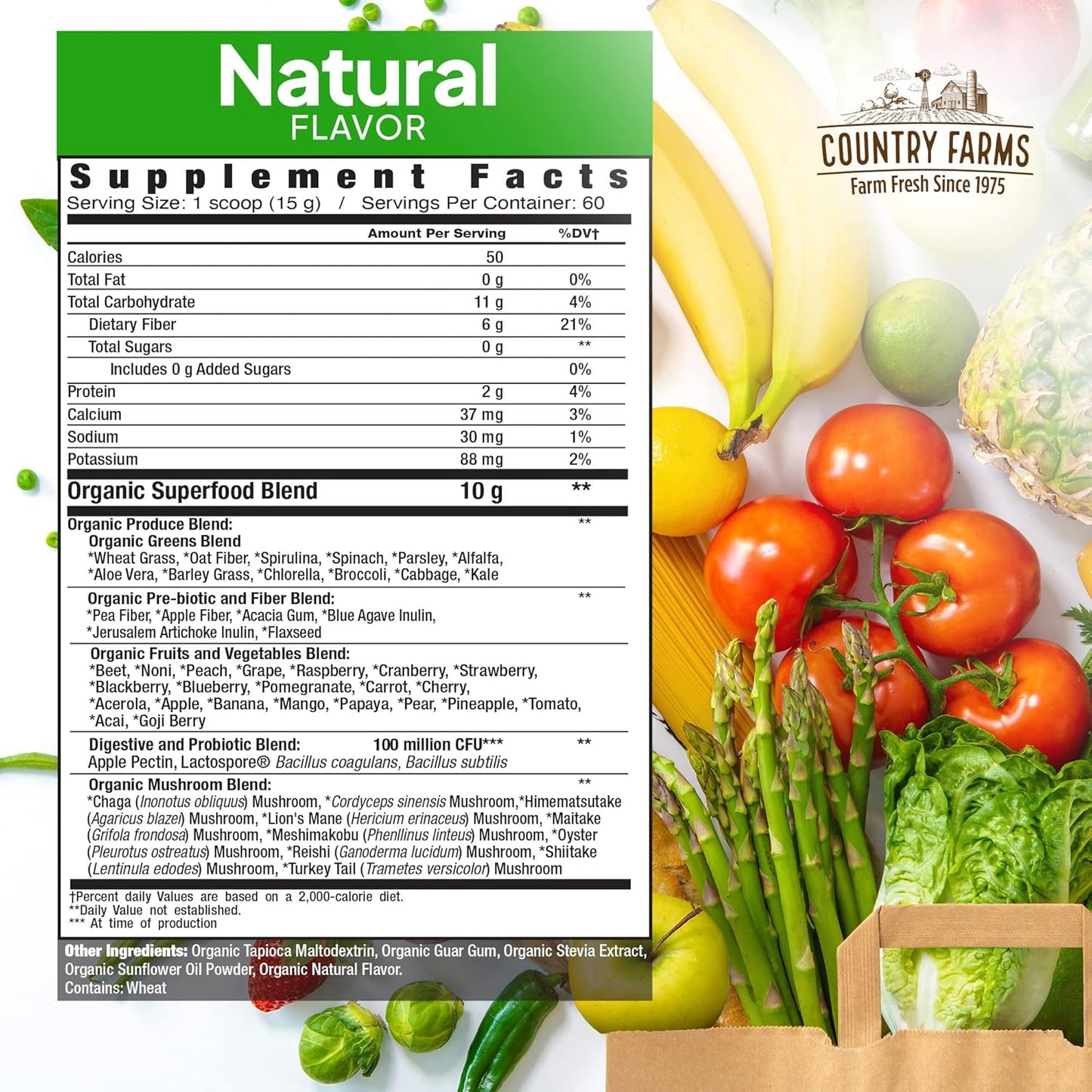 Organic Super Greens Drink Mix with Fiber & Probiotics, 50 Superfoods, Natural Flavor, Supports Energy - 60 Servings 900g