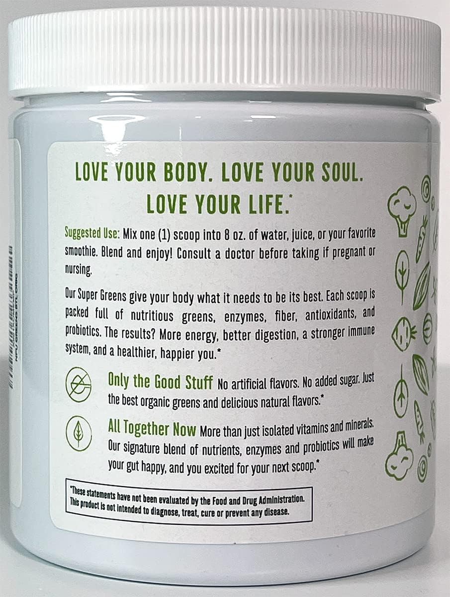 Organic Super Greens Powder Blend with Spirulina, Alfalfa, Probiotics, Fiber, Digestive Enzymes - Non-GMO, No Artificial Sweeteners - 30 Servings