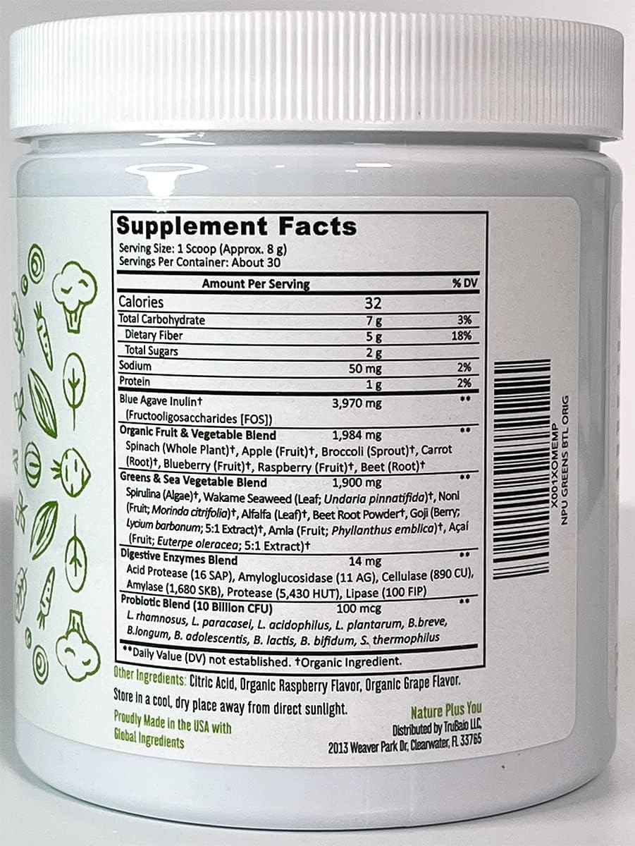 Organic Super Greens Powder Blend with Spirulina, Alfalfa, Probiotics, Fiber, Digestive Enzymes - Non-GMO, No Artificial Sweeteners - 30 Servings