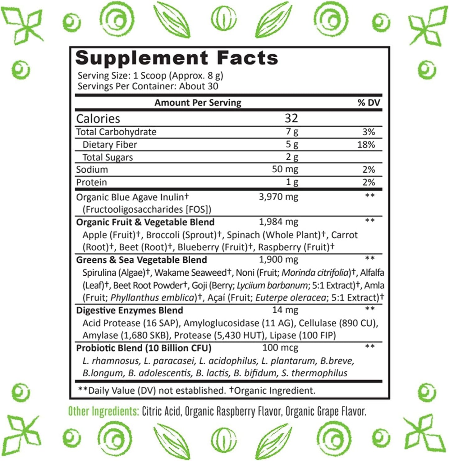 Organic Super Greens Powder Blend with Spirulina, Alfalfa, Probiotics, Fiber, Digestive Enzymes - Non-GMO, No Artificial Sweeteners - 30 Servings