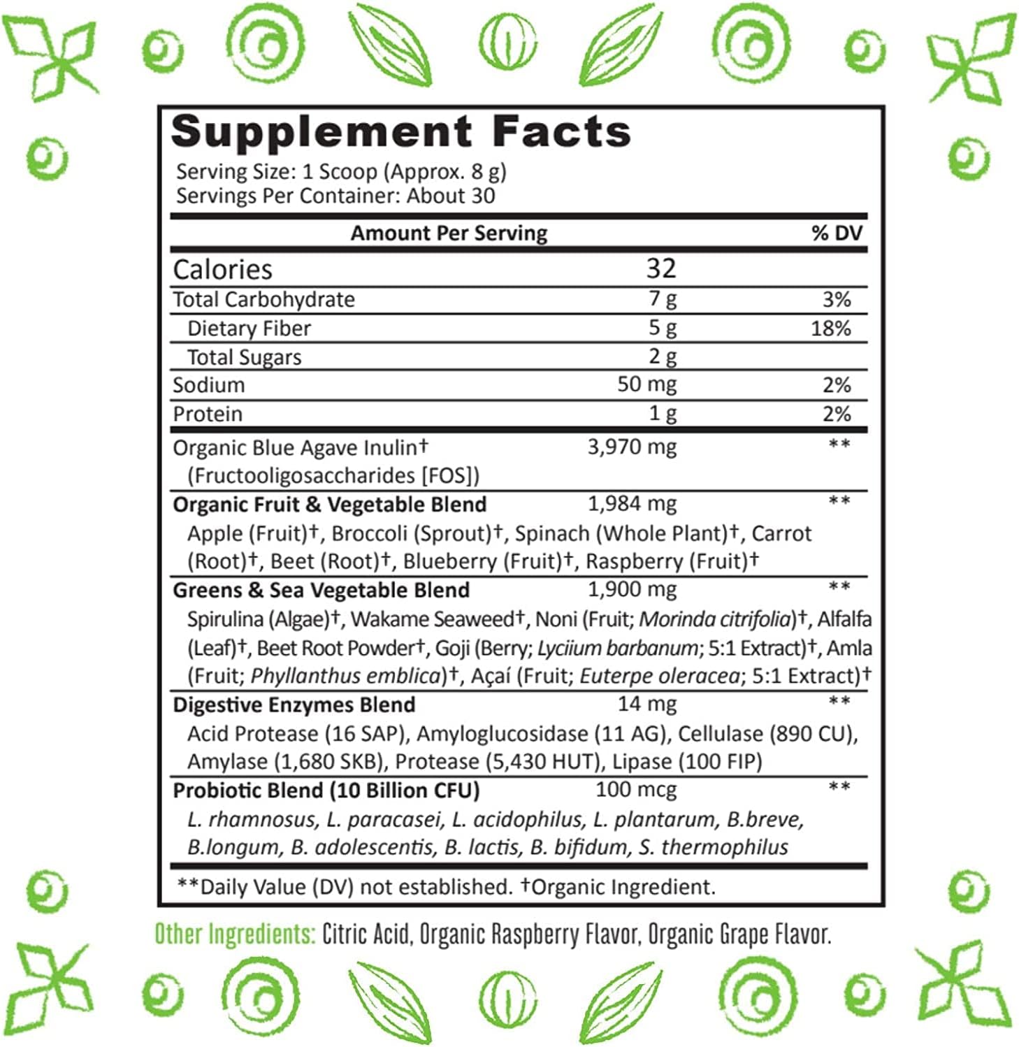 Organic Super Greens Powder Blend with Spirulina, Alfalfa, Probiotics, Fiber, Digestive Enzymes - Non-GMO, No Artificial Sweeteners - 30 Servings