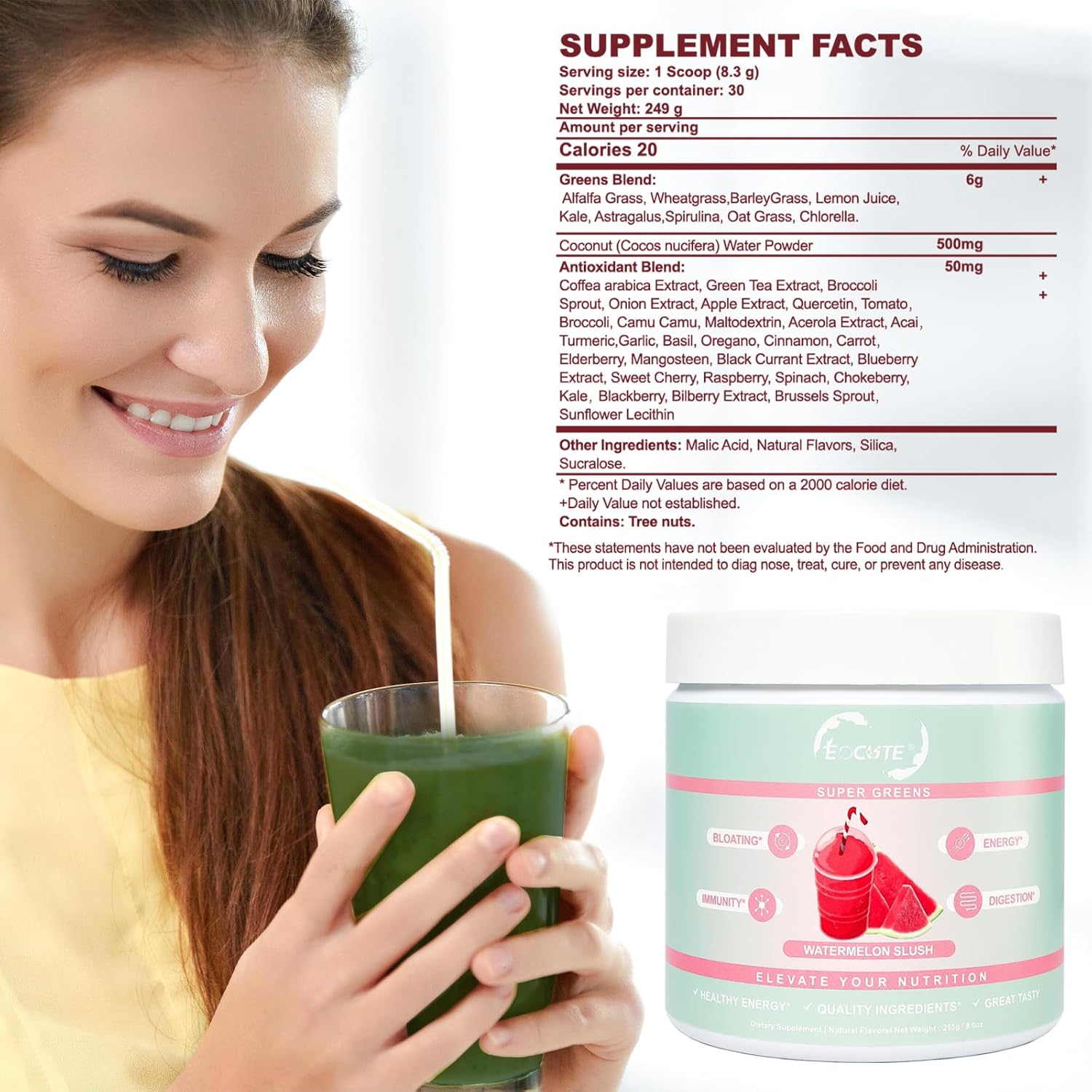 Organic Super Greens Powder for Women - Immune Support, Gut Health, Digestion, Antioxidants - Spirulina & Chlorella Blend, Watermelon Flavor - 8.7oz