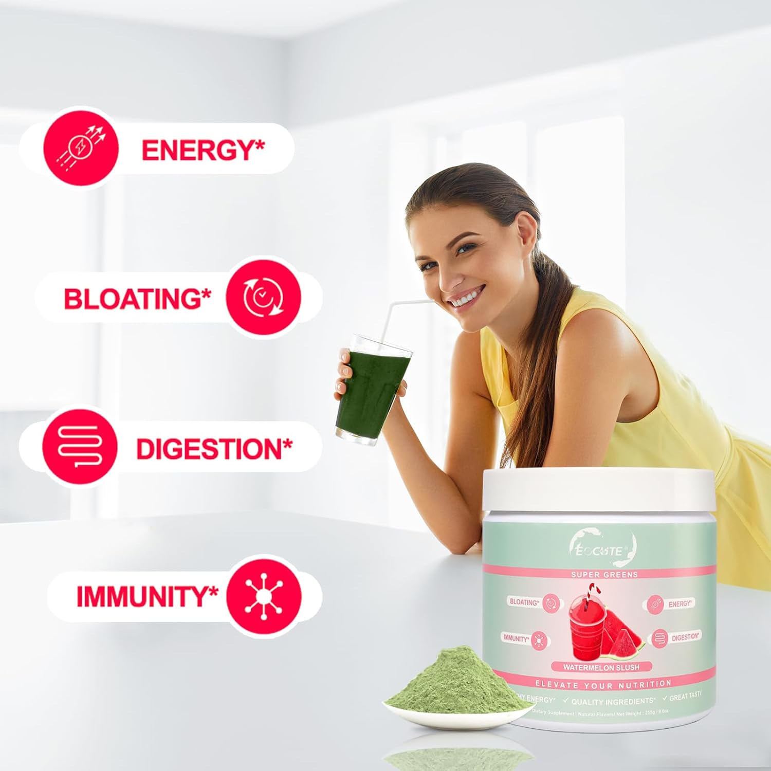 Organic Super Greens Powder for Women - Immune Support, Gut Health, Digestion, Antioxidants - Spirulina & Chlorella Blend, Watermelon Flavor - 8.7oz
