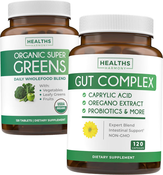 Organic Super Greens Powder & Gut Complex Bundle - Complete Superfood & Candida Support Probiotics (2-Month Supply)