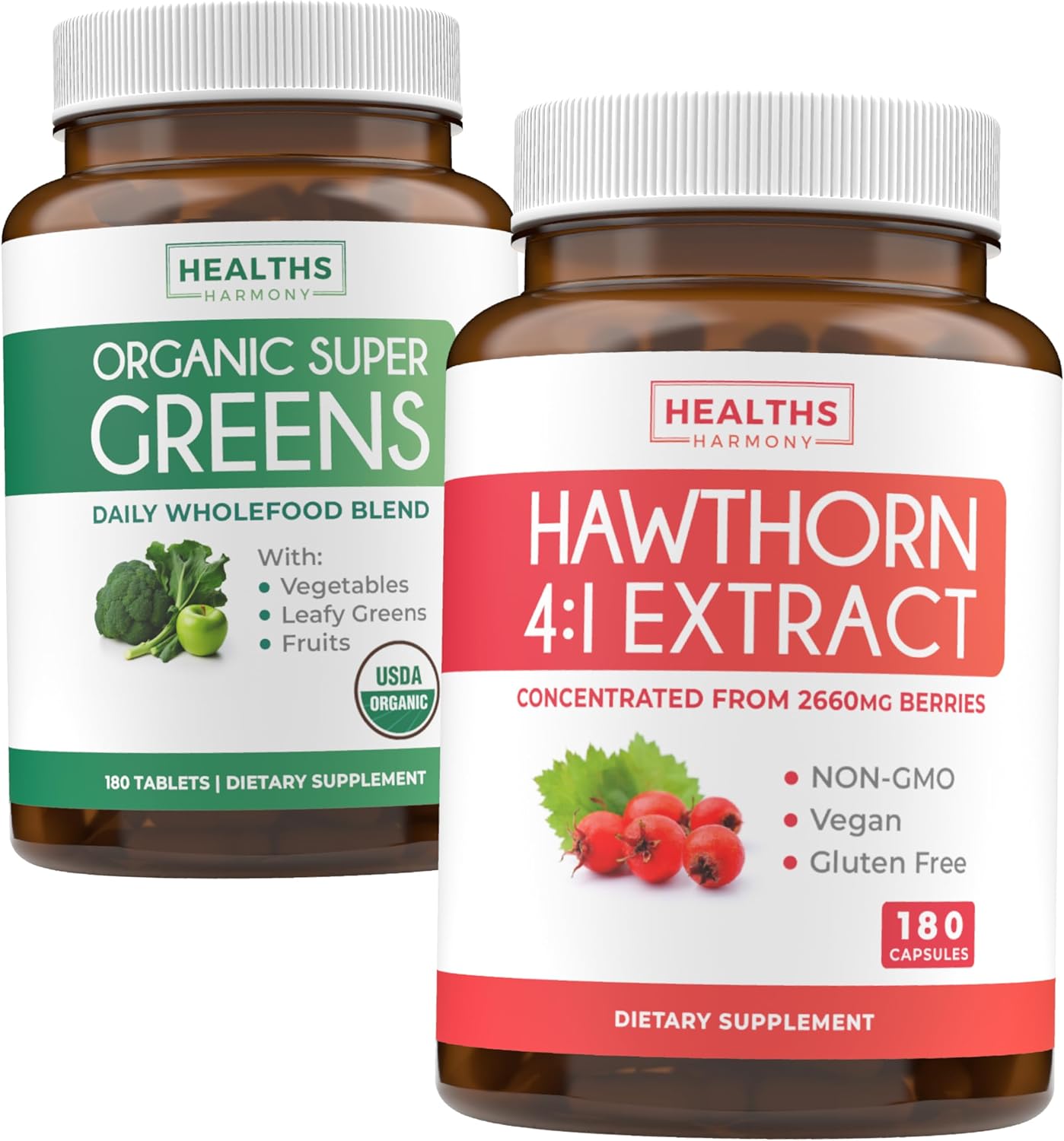 Organic Super Greens Powder & Hawthorn Berry Extract Bundle - High Strength Superfood Supplement (3-Month Supply, 180 Capsules)