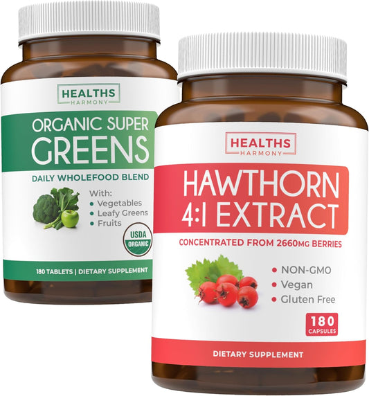 Organic Super Greens Powder & Hawthorn Berry Extract Bundle - High Strength Superfood Supplement (3-Month Supply, 180 Capsules)