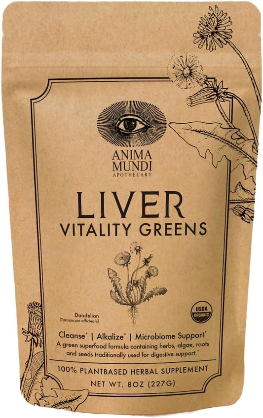 Organic Super Greens Powder with Herbal Prebiotics for Liver Detox & Cleanse - Vitamin Rich Superfood Blend with Dandelion & Milk Thistle - 8oz