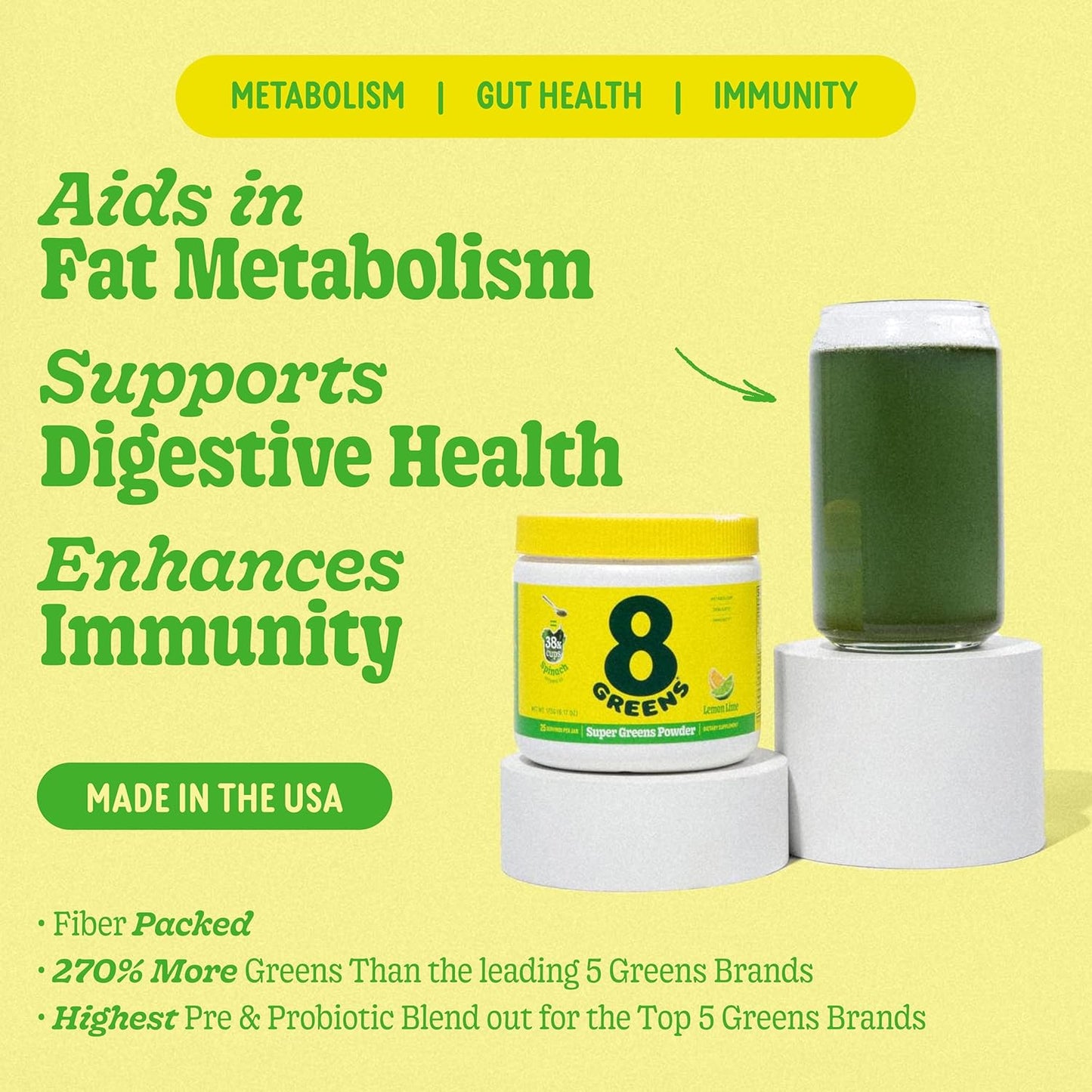 Organic Super Greens Powder with Prebiotic & Probiotic Blend for Gut Health - 25 Servings, Metabolism & Debloating Support