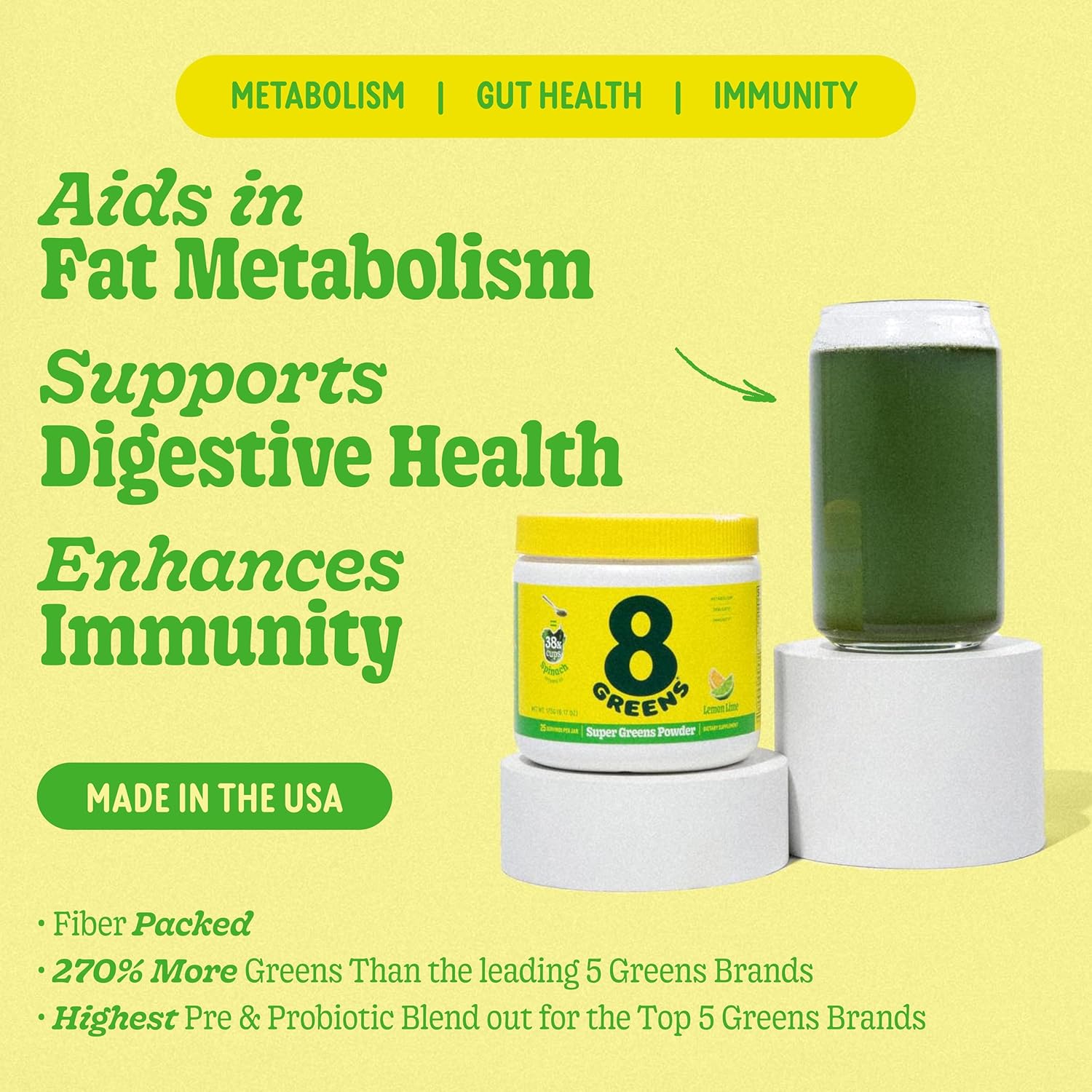 Organic Super Greens Powder with Prebiotic & Probiotic Blend for Gut Health - 25 Servings, Metabolism & Debloating Support
