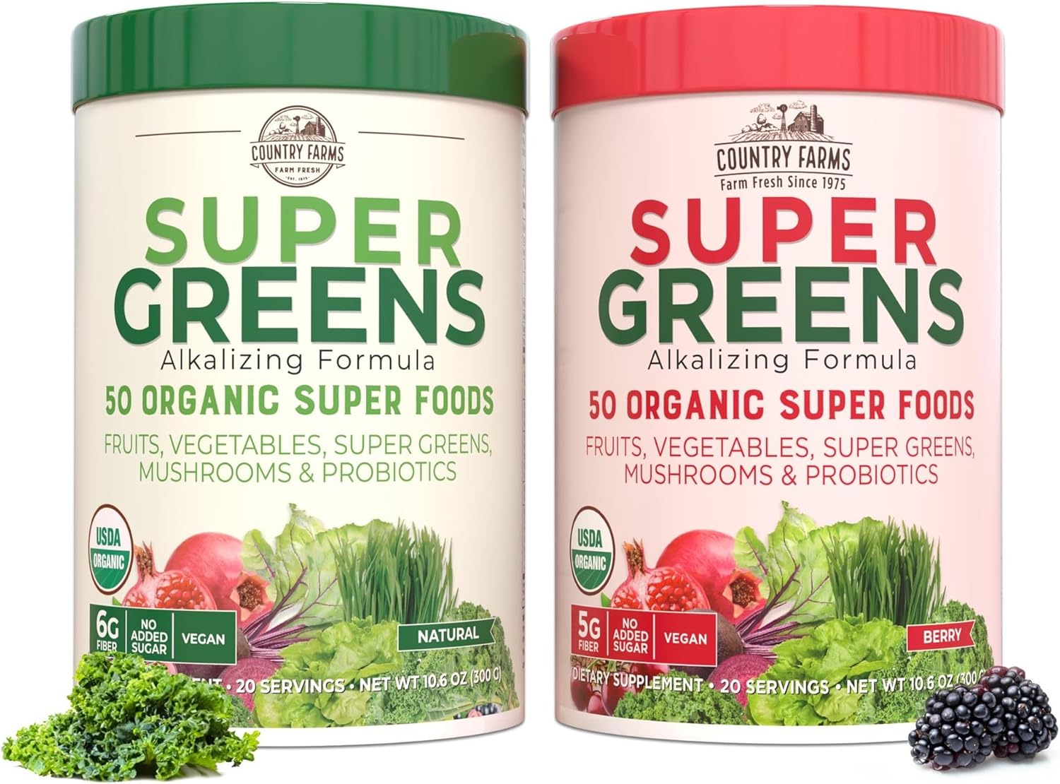Organic Super Greens Powder with Probiotics - 50 Super Foods for Gut Health & Energy - Unflavored & Berry - 40 Servings