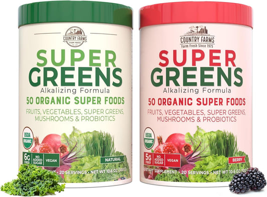 Organic Super Greens Powder with Probiotics - 50 Super Foods for Gut Health & Energy - Unflavored & Berry - 40 Servings