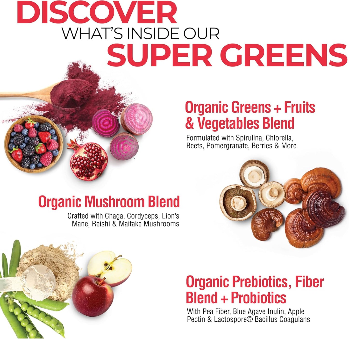 Organic Super Greens Powder with Probiotics - 50 Super Foods for Gut Health & Energy - Unflavored & Berry - 40 Servings