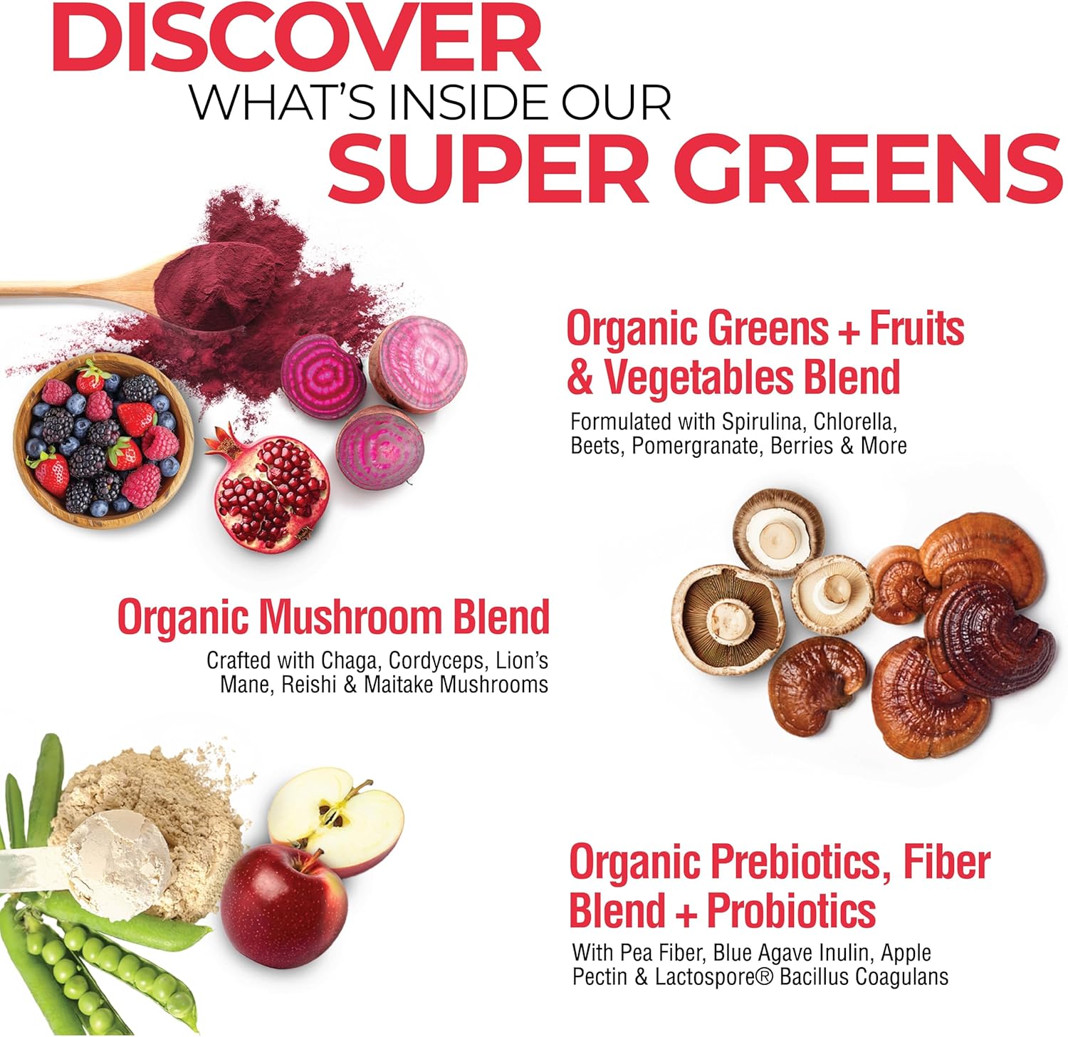 Organic Super Greens Powder with Probiotics - 50 Super Foods for Gut Health & Energy - Unflavored & Berry - 40 Servings
