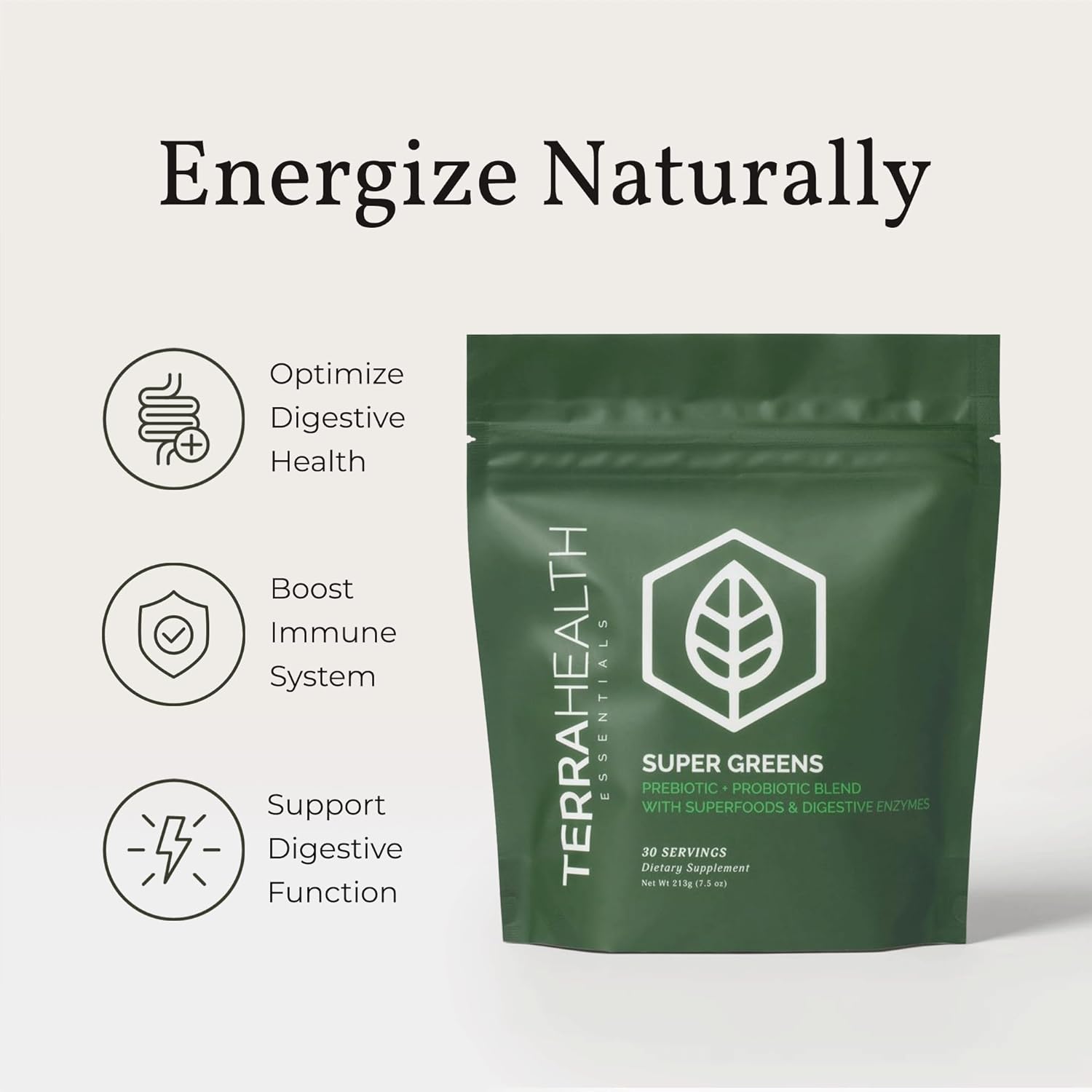 Organic Super Greens Powder with Probiotics - Gluten-Free Gut Support - 30 Servings by Terra Health Essentials®