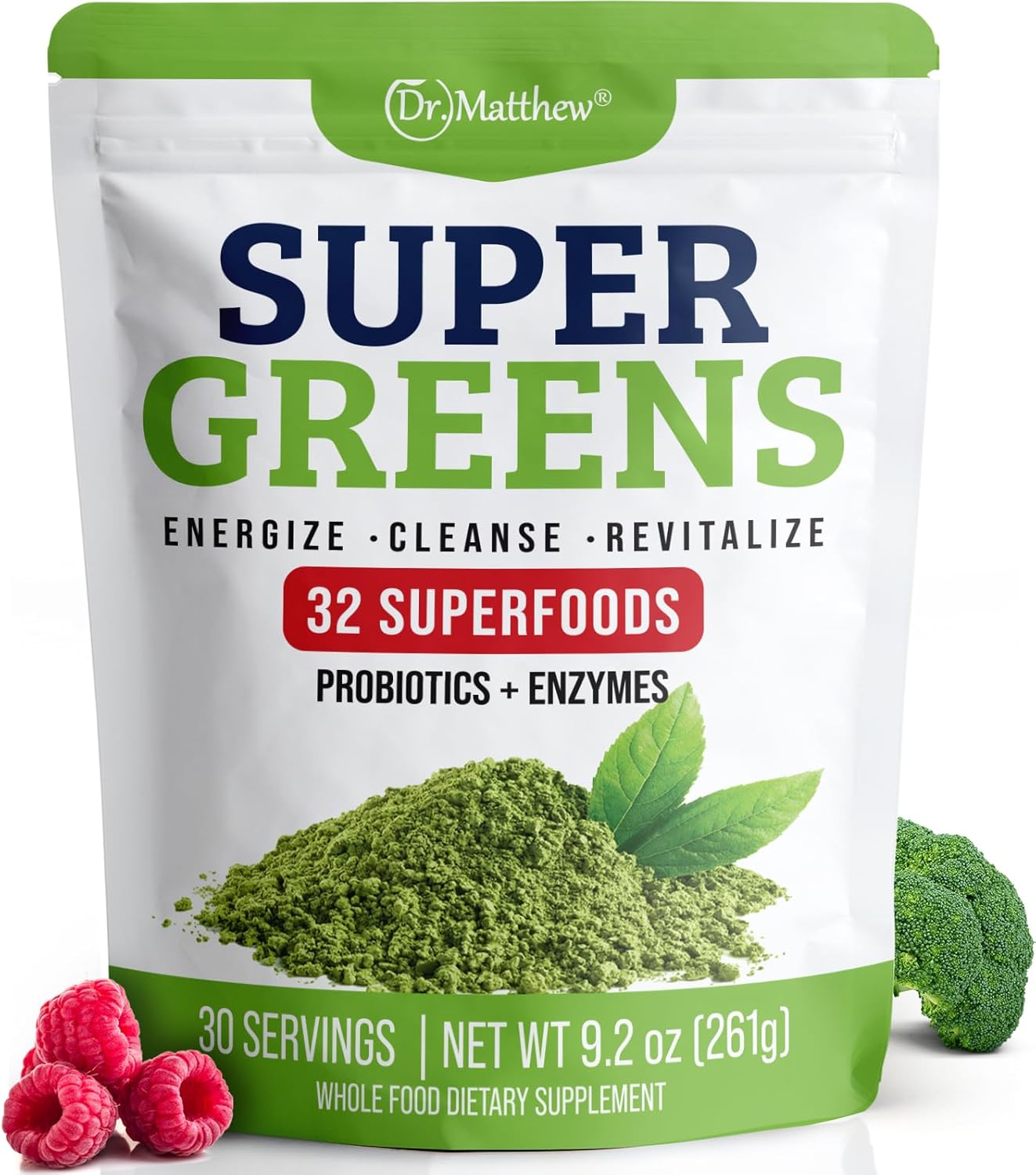 Organic Super Greens Powder with Probiotics & Enzymes for Detox and Digestion. Chlorella, Spirulina, Wheat Grass, Ashwagandha. 32 Superfoods.