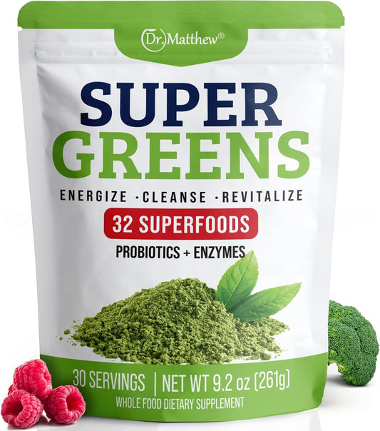 Organic Super Greens Powder with Probiotics & Enzymes for Detox and Digestion. Chlorella, Spirulina, Wheat Grass, Ashwagandha. 32 Superfoods.