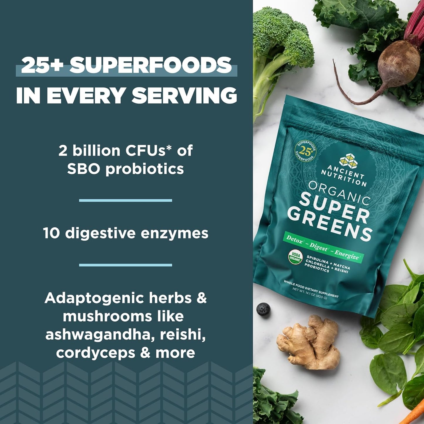 Organic Super Greens Powder with Probiotics, Spirulina, Chlorella, Matcha, Digestive Enzymes - 50 Servings - 14.1 oz