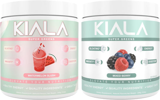 Organic Super Greens Powder with Spirulina & Chlorella for Digestion, Gut Health, Immunity & Energy - Watermelon Slush + Mixed Berry Flavor, 30 Servings - Gluten Free & Vegan - Kiala Nutrition