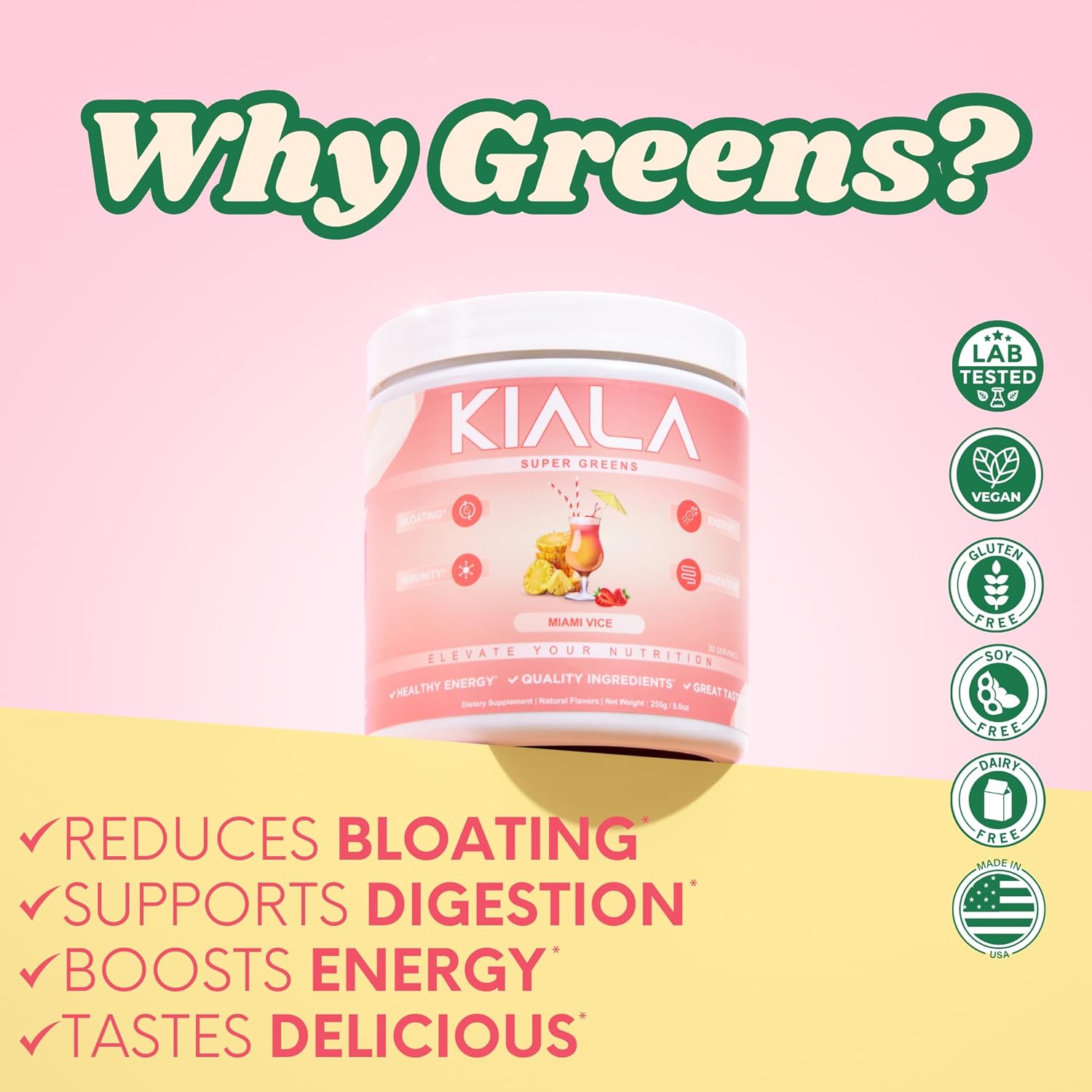 Organic Super Greens Powder with Spirulina & Chlorella for Digestion & Energy - Miami Vice Flavor, Gluten Free & Vegan - Women's Daily Support, 30 Servings