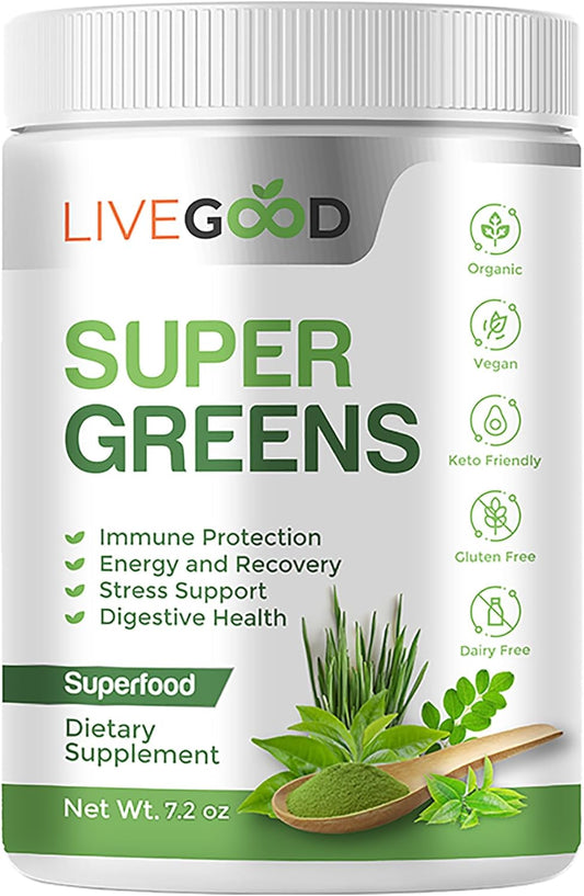 Organic Super Greens Powder with Wheat, Barley, Oat Grass, Matcha Green Tea, Aloe Vera - Vegan, Gluten Free - 7.2 oz.