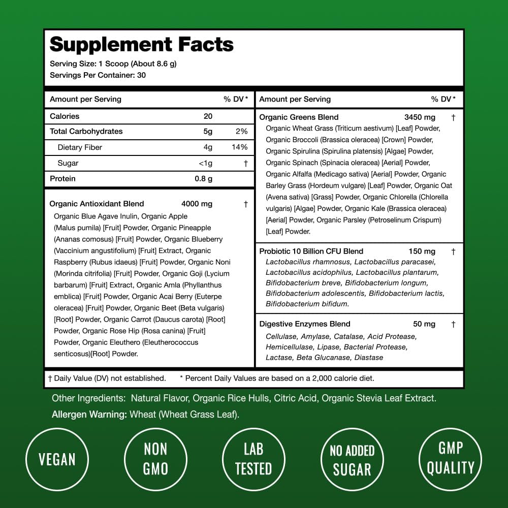 Organic Super Greens Powder with Wheat Grass, Spirulina, and Chlorella | Antioxidant, Digestive Enzyme & Probiotic Blends | Berry Flavored Superfood Supplement (9.0 Oz)