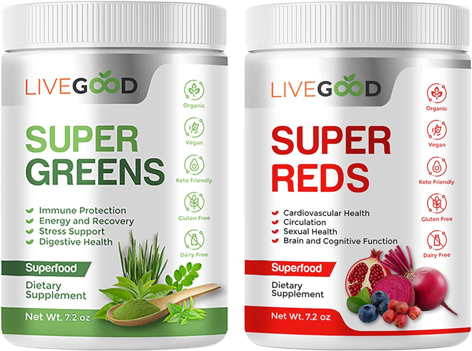 Organic Super Greens & Reds Bundle with Wheat, Barley, Matcha, Aloe, Beet, Pomegranate - Vegan & Gluten-Free