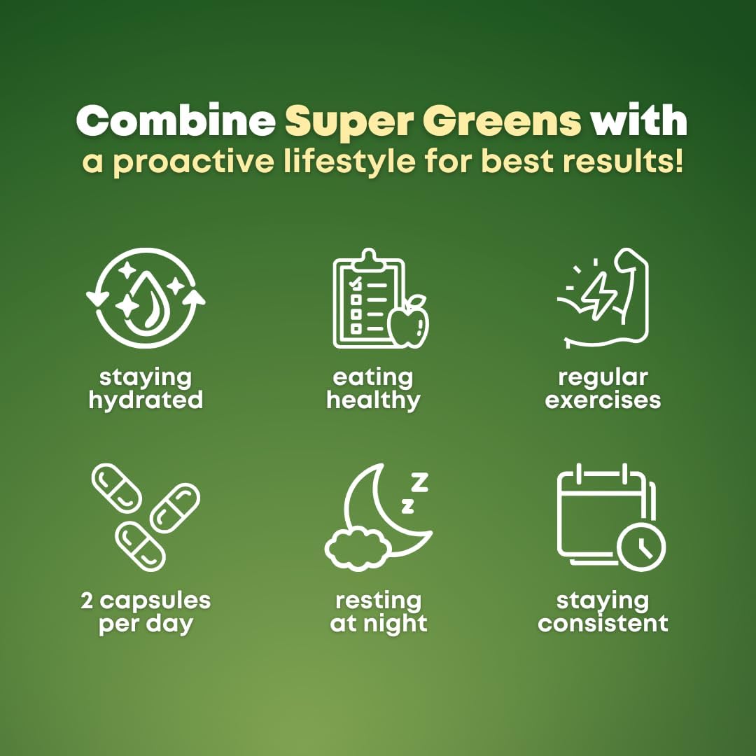 Organic Super Greens Superfood Capsules with Spirulina, Chlorella, Wheatgrass, and Kale Powder - Gut Health, Energy, and Immunity Support - 120 Vegan Capsules