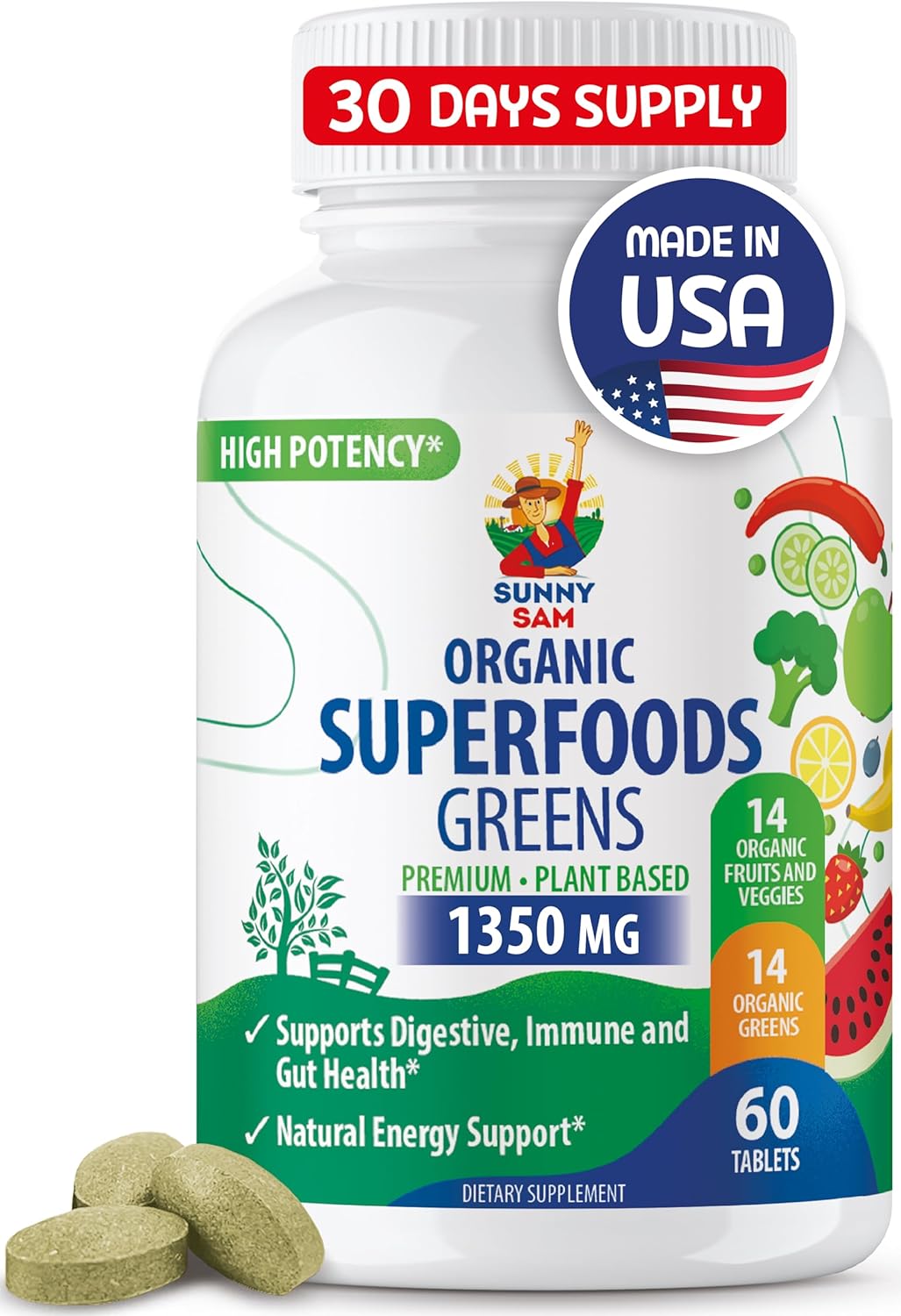Organic Super Greens Supplement with Real Fruits, Vegetables, and Herbs for Digestive and Energy Support - 60 Tablets for Adults by SUNNY SAM