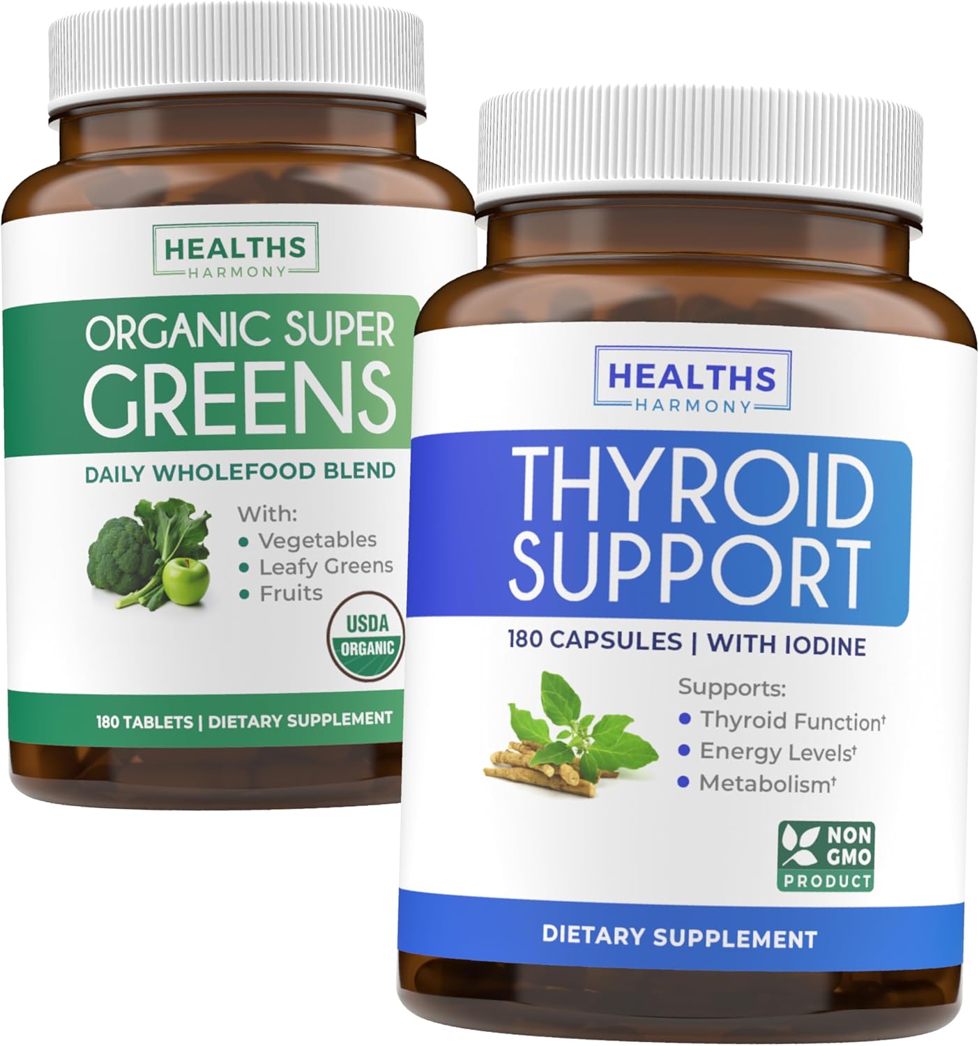 Organic Super Greens & Thyroid Support Bundle - 3-Month Supply for Men and Women - Complete Superfood Powder and Thyroid Vitality Capsules (Non-GMO)