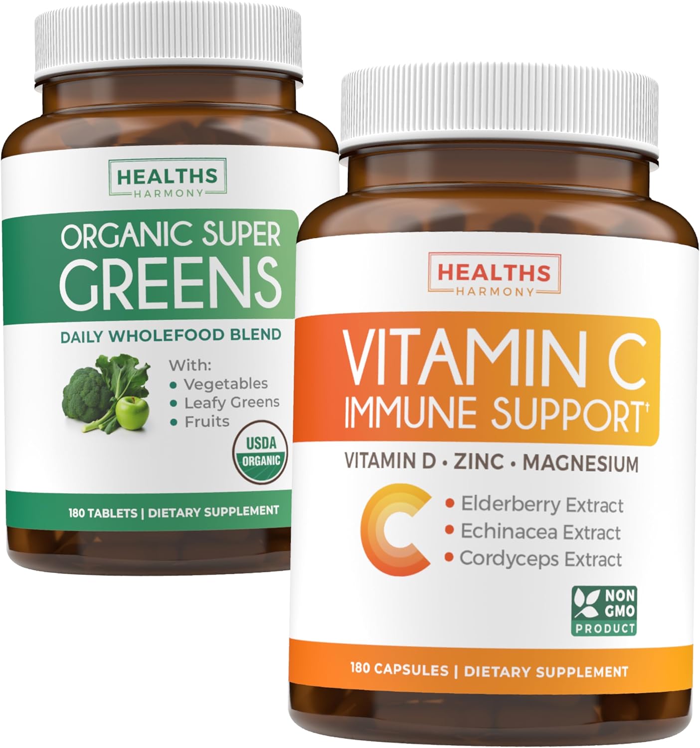 Organic Super Greens & Vitamin C Bundle - 3-Month Supply of Complete Superfood Capsules for Immune Support