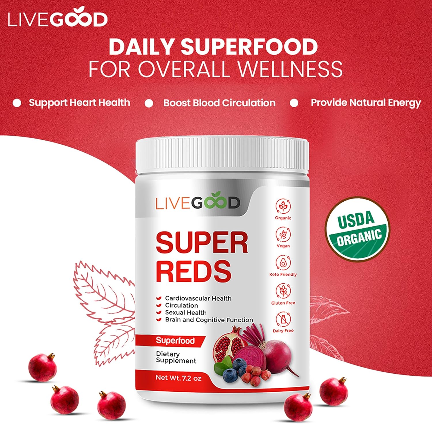Organic Super Reds Powder with Alfalfa, Barley Grass, Beet Root, Pomegranate, Grape Seed - Vegan & Gluten Free - 7.2 oz.