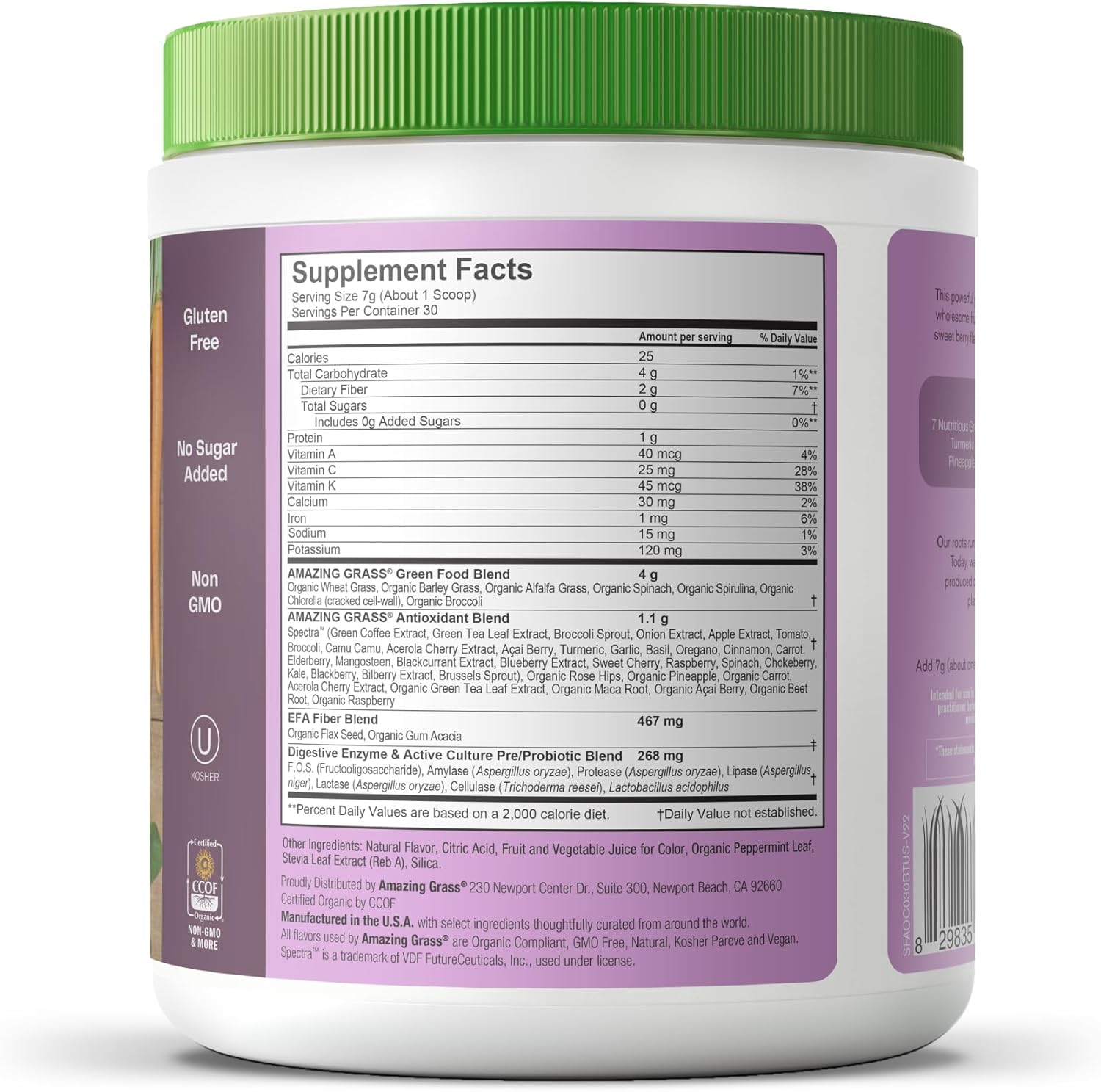 Organic Superfood Antioxidant Greens Powder with Spirulina, Beet Root, Elderberry, Probiotics - Sweet Berry Flavor, 30 Servings