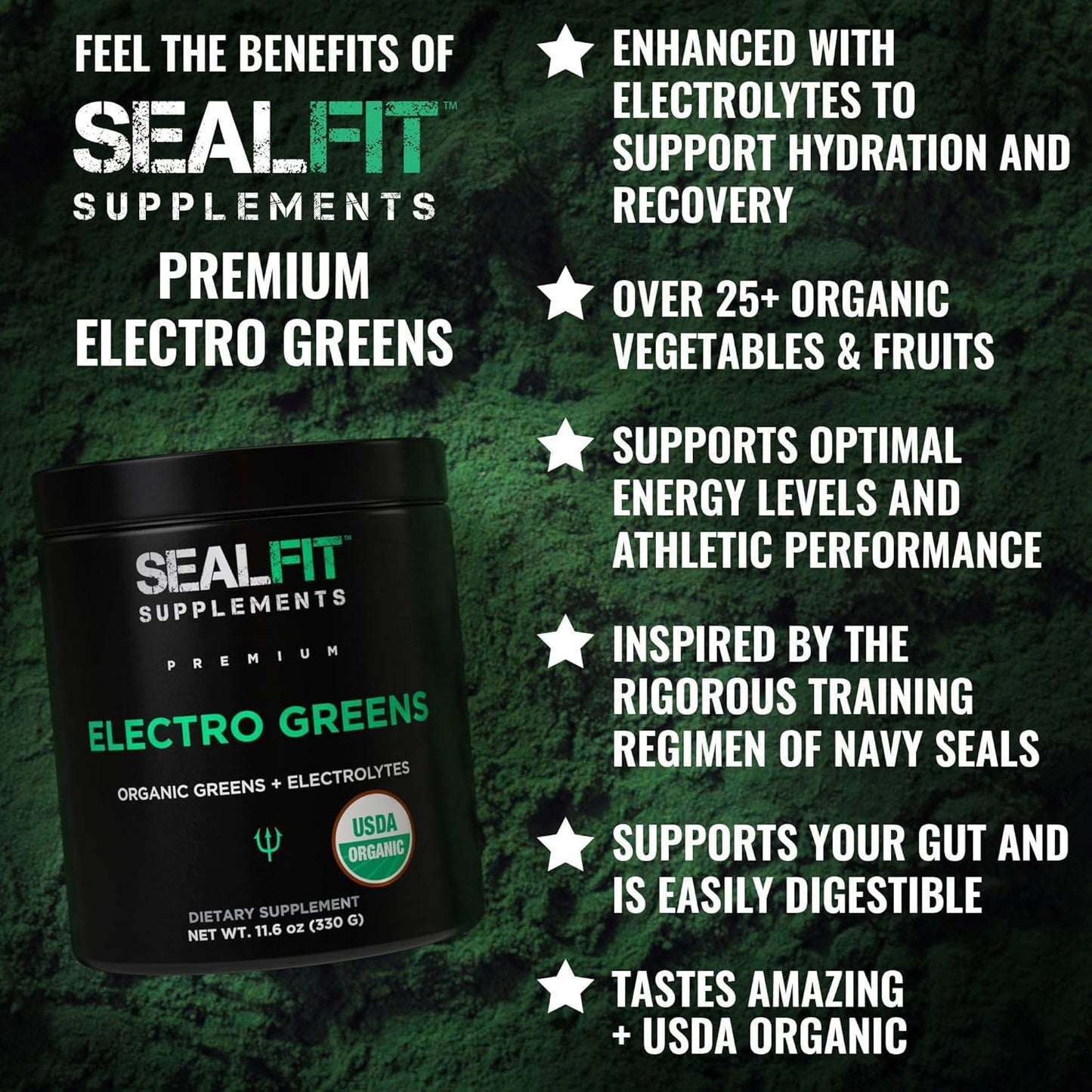 Organic Superfood + Electrolyte Powder by SEALFIT - Energizing Greens Blend with 25+ Superfoods for Hydration. Inspired by Navy Seal Mark Divine.