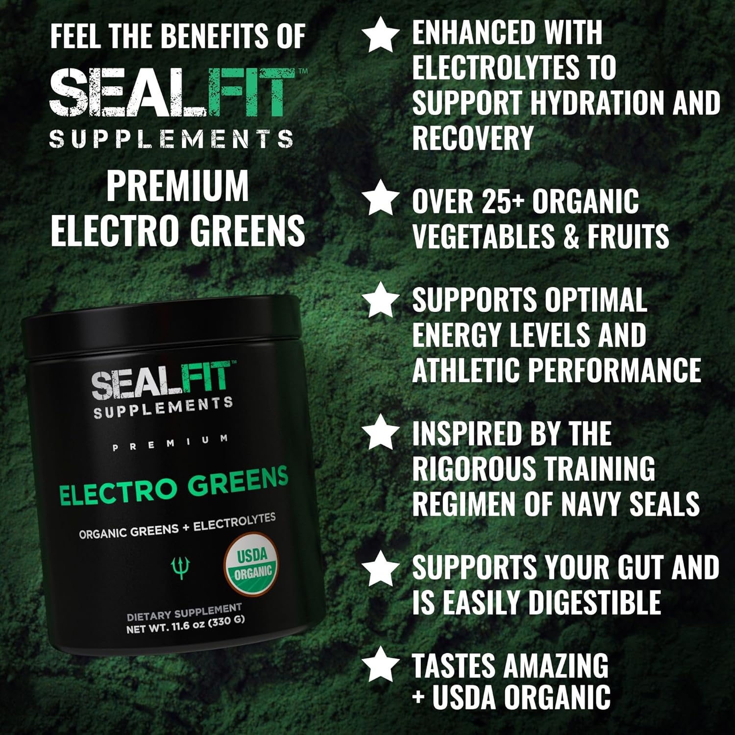 Organic Superfood + Electrolyte Powder by SEALFIT - Energizing Greens Blend with 25+ Superfoods for Hydration. Inspired by Navy Seal Mark Divine.