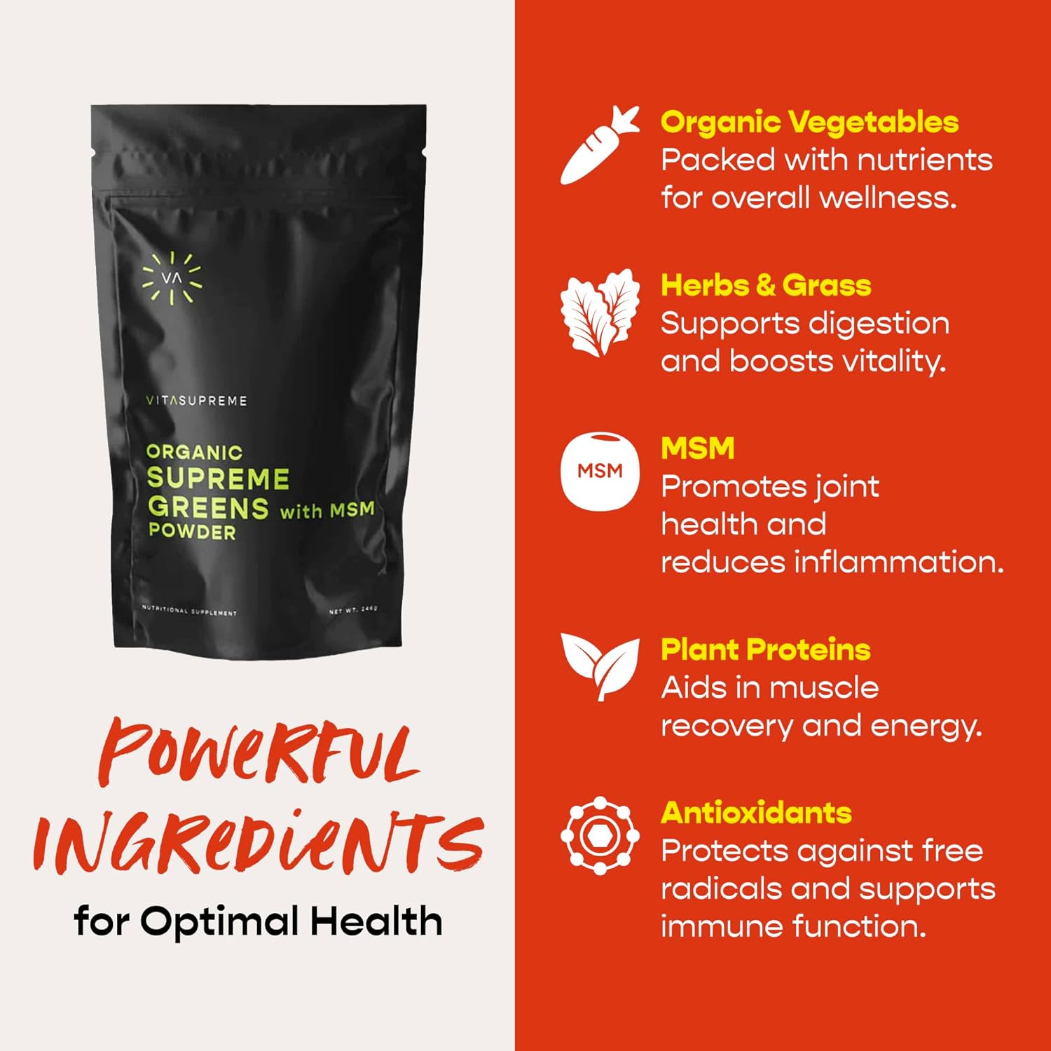 Organic Superfood Greens Powder with MSM for Gut Health, Energy, and Immune Support - Mint Flavor, Sugar Free, Non-GMO, Keto, Vegan - 60 Servings