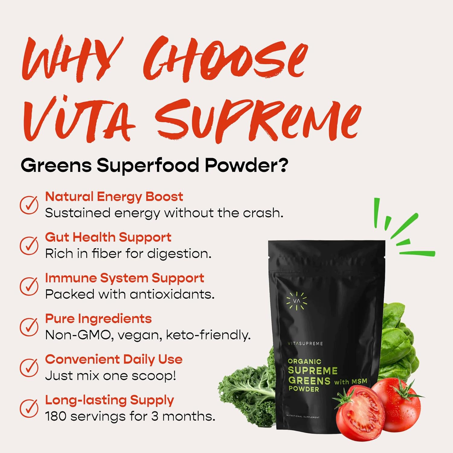 Organic Superfood Greens Powder with MSM for Gut Health, Energy, and Immune Support - Mint Flavor, Sugar Free, Non-GMO, Keto, Vegan - 60 Servings