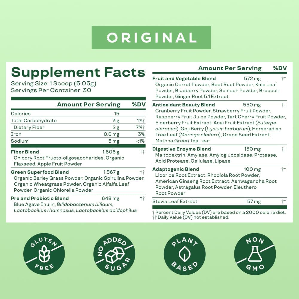 Organic Superfood Greens Powder with Probiotics, Prebiotics, and Digestive Enzymes for Gut Health and Bloating Relief + Milk Frother