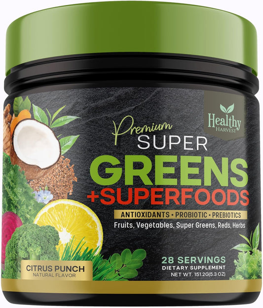 Organic Superfood Greens Powder with Spirulina, Wheat Grass, and Probiotics - Vegan Smoothie Mix with Antioxidants - Non-GMO - 28 Servings
