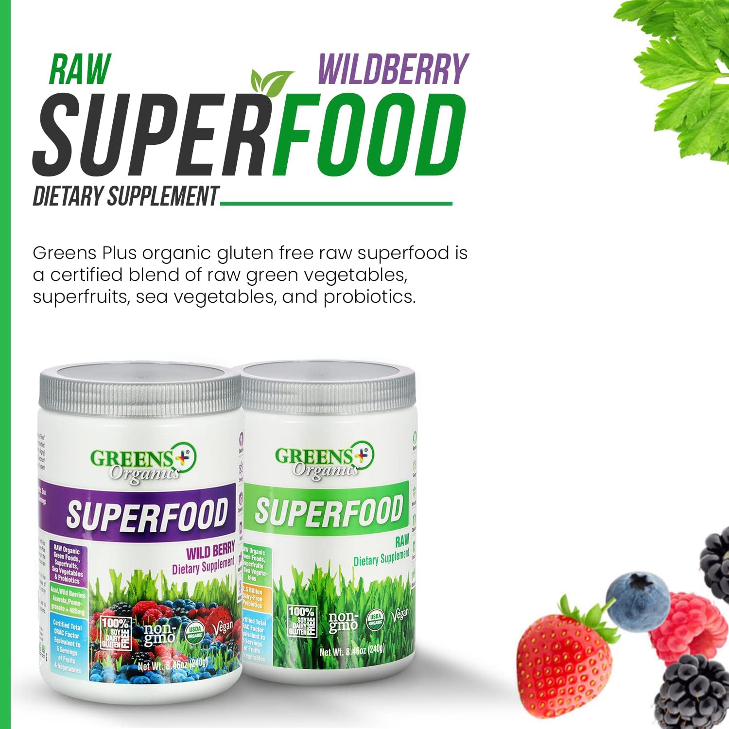 Organic Superfood Powder Bundle with Probiotics - Raw & Wild Berry, Gluten Free, USDA Certified - Pack of 2