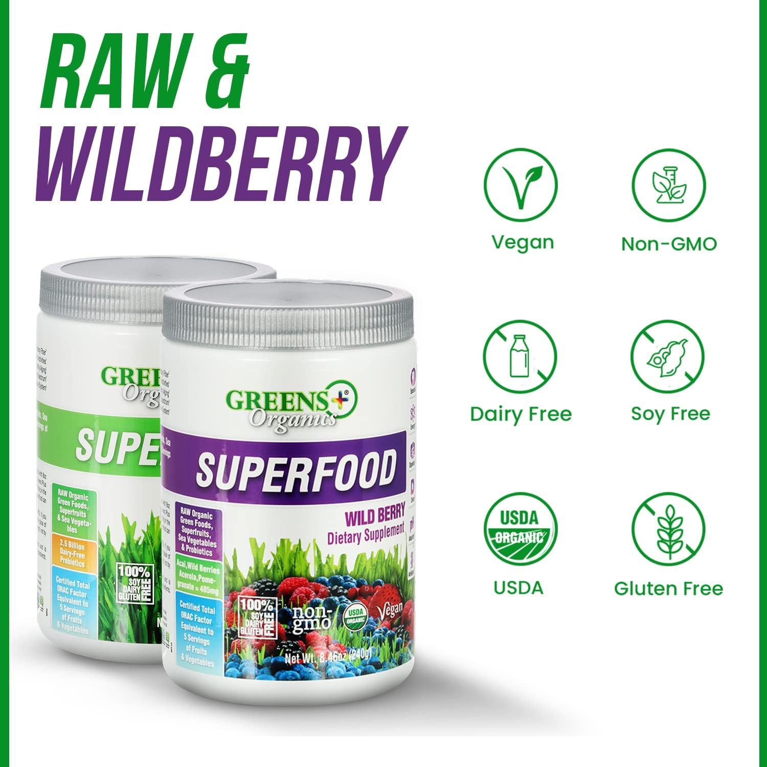 Organic Superfood Powder Bundle with Probiotics - Raw & Wild Berry, Gluten Free, USDA Certified - Pack of 2