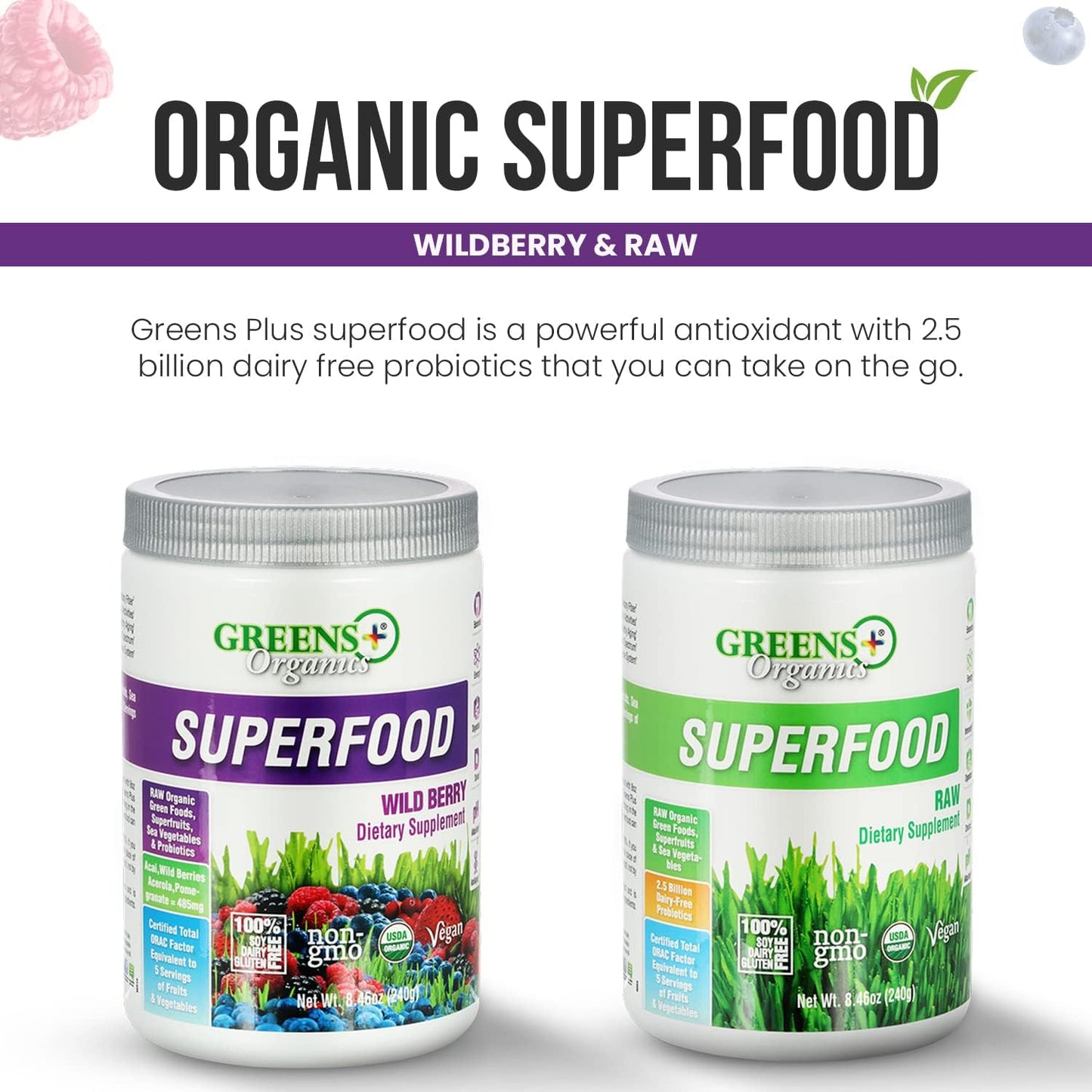 Organic Superfood Powder Bundle with Probiotics - Raw & Wild Berry, Gluten Free, USDA Certified - Pack of 2