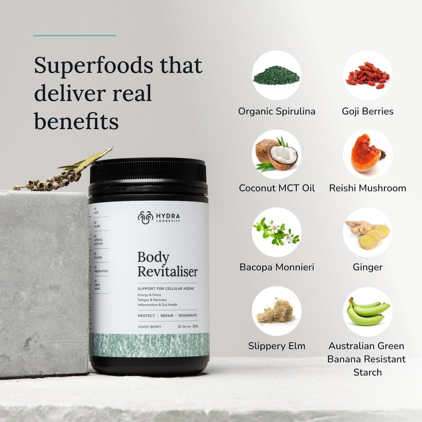 Organic Superfood Powder for Body Revitalization with 49 Ingredients, Prebiotics, Chlorella, Reishi, Vegan, Non-GMO, Gluten-Free - 300g