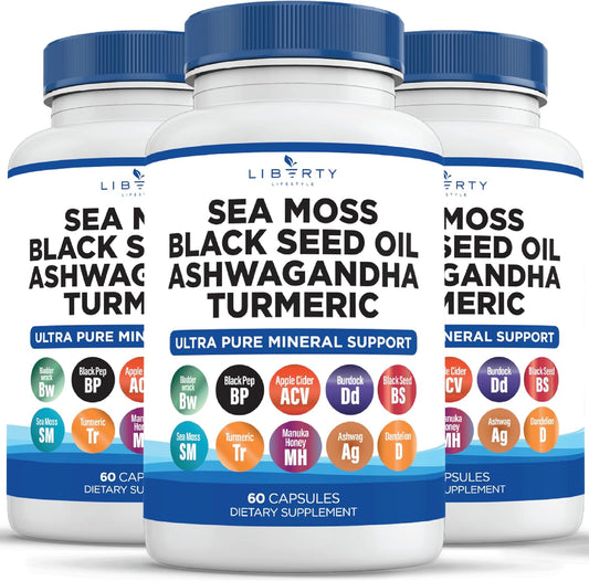 Organic Superfood Supplement Bundle with Sea Moss, Black Seed Oil, and Ashwagandha - Enhanced with Turmeric, Bladderwrack, and Burdock - Includes Manuka Honey, Dandelion, ACV, and Black Pepper - Gluten Free - 3-Pack