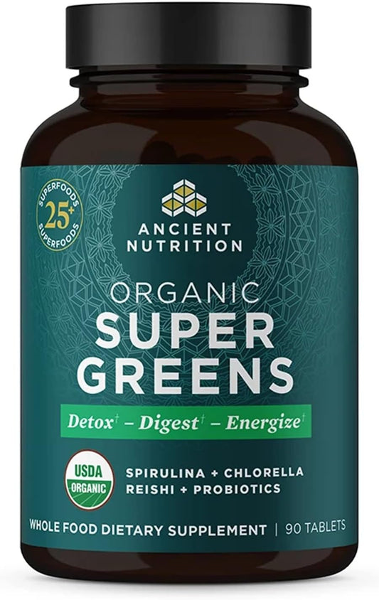 Organic Superfood Tablets with Probiotics, Ancient Nutrition Super Greens, Spirulina, Chlorella, Moringa, 90 Count