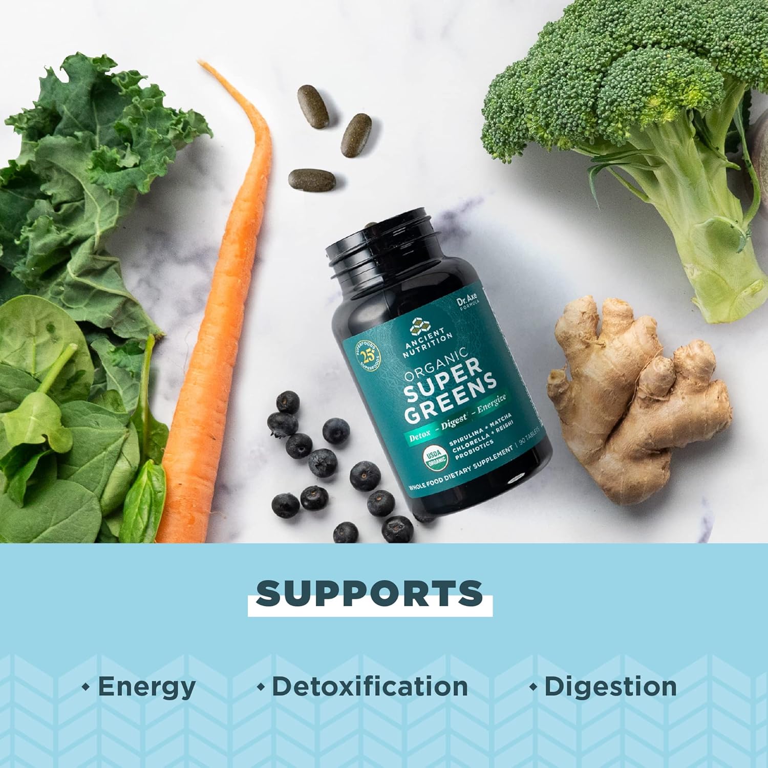 Organic Superfood Tablets with Probiotics, Ancient Nutrition Super Greens, Spirulina, Chlorella, Moringa, 90 Count