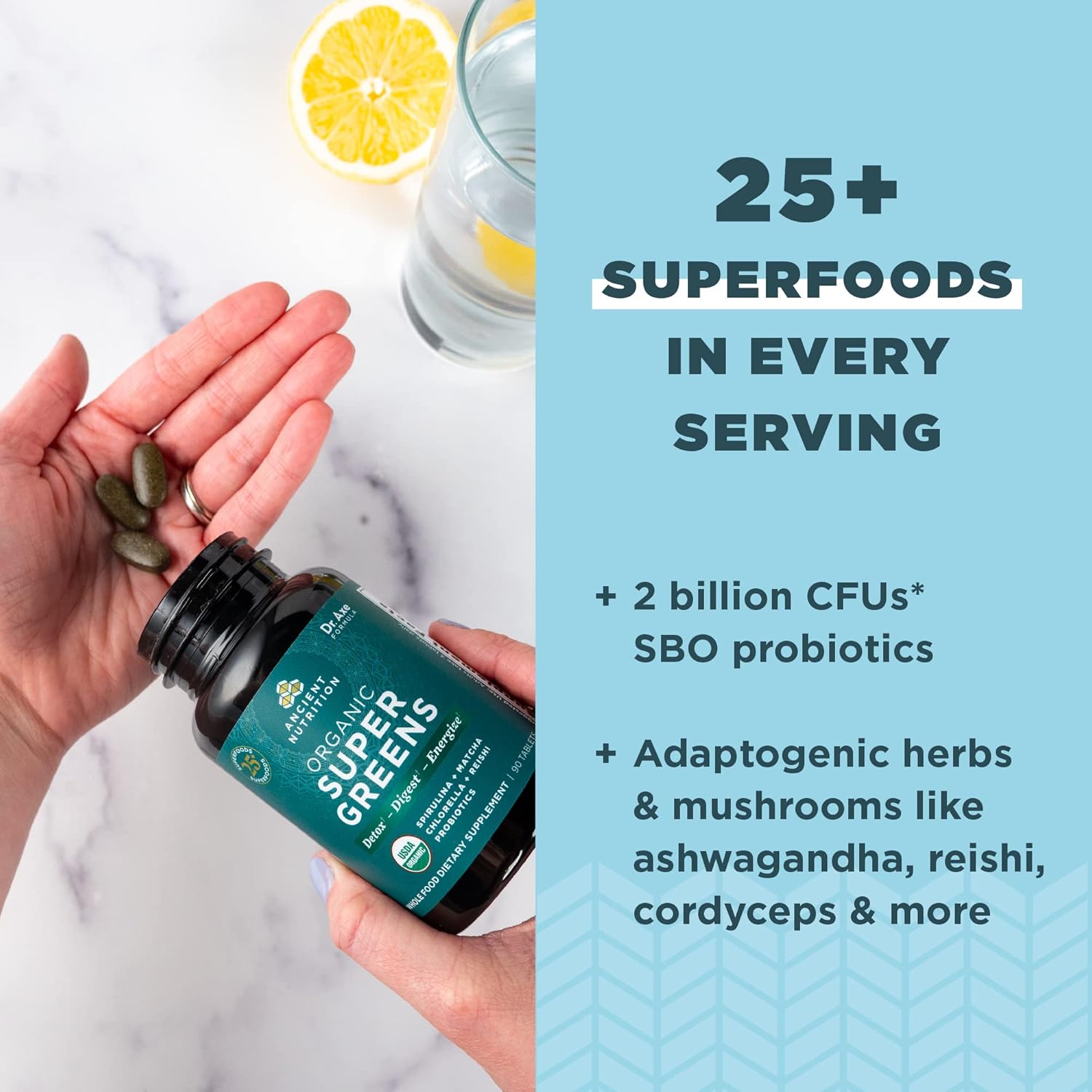Organic Superfood Tablets with Probiotics, Ancient Nutrition Super Greens, Spirulina, Chlorella, Moringa, 90 Count